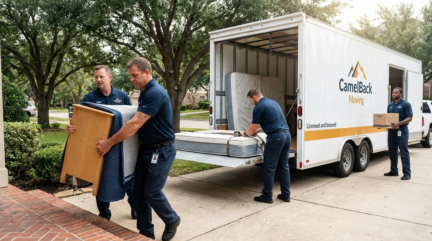 Crew loading residential truck for cross-state move from Lancaster, TX