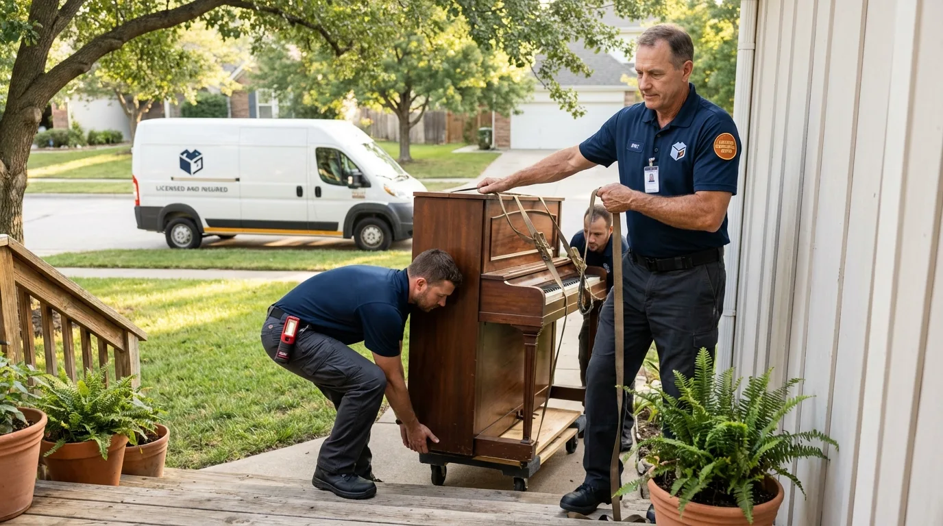 Licensed piano movers securing grand piano in Lancaster, TX