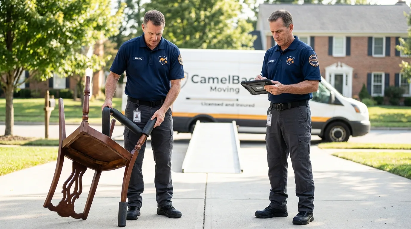 Movers inspecting furniture for damage prevention before loading in Lancaster, TX